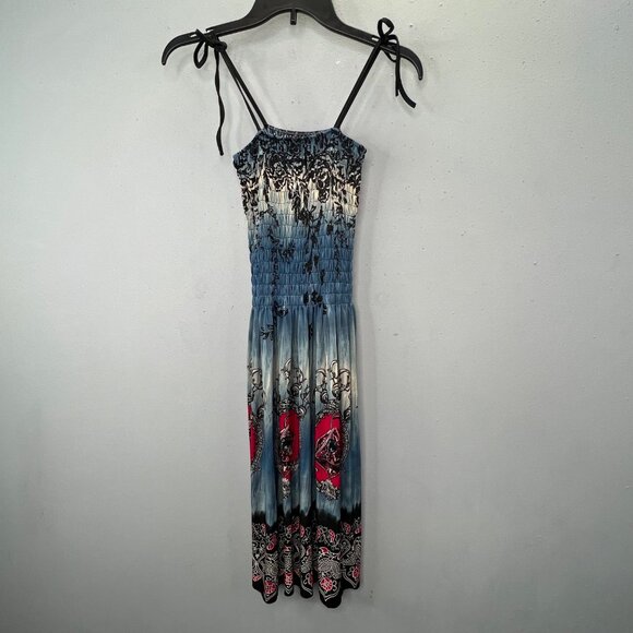 Romantic Sini Tattoo Boho Dress XL Smocked Blue Red Fairy Y2K Boho Tie Straps - Picture 3 of 7